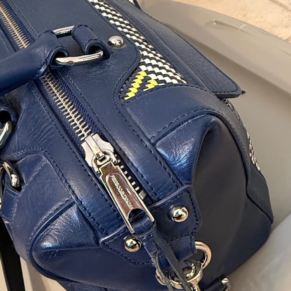 Rebecca Minkoff Navy Leather Satchel w/ Woven Panel & Tassel | Crossbody Bag - Picture 5 of 6